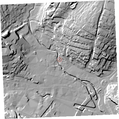 Shaded relief map of the ground around TR11ET, computed from Environment Agency LiDAR. The ground here sits at about 4 m above sea level and falls 48 m across the surrounding 800 m. Surface water reaching this point runs off ground lying to the north-east, 44.2 m higher.