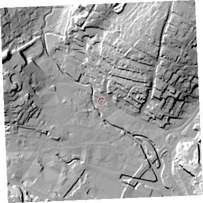 Shaded relief map of the ground around TR11EU, computed from Environment Agency LiDAR. The ground here sits at about 4 m above sea level and falls 48 m across the surrounding 800 m. Surface water reaching this point runs off ground lying to the north-east, 43.7 m higher.
