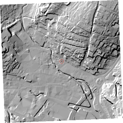 Shaded relief map of the ground around TR11EX, computed from Environment Agency LiDAR. The ground here sits at about 4 m above sea level and falls 47 m across the surrounding 800 m. Surface water reaching this point runs off ground lying to the north-east, 36.6 m higher.