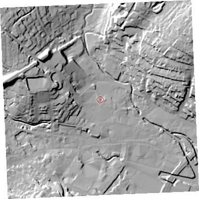 Shaded relief map of the ground around TR11JH, computed from Environment Agency LiDAR. The ground here sits at about 6 m above sea level and falls 41 m across the surrounding 800 m. Surface water reaching this point runs off ground lying to the west-south-west, 1.0 m higher.