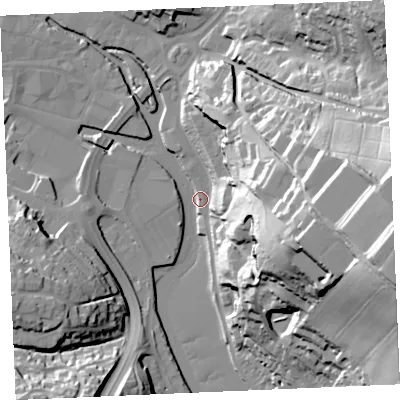 Shaded relief map of the ground around TR11QA, computed from Environment Agency LiDAR. The ground here sits at about 4 m above sea level and falls 66 m across the surrounding 800 m. Surface water reaching this point runs off ground lying to the east-south-east, 65.2 m higher.
