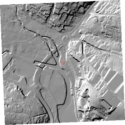 Shaded relief map of the ground around TR11QH, computed from Environment Agency LiDAR. The ground here sits at about 4 m above sea level and falls 61 m across the surrounding 800 m. Surface water reaching this point runs off ground lying to the east-south-east, 58.8 m higher.