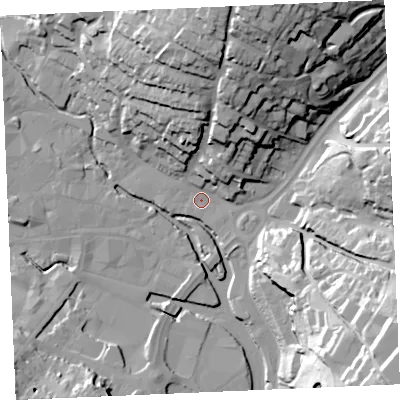 Shaded relief map of the ground around TR11SE, computed from Environment Agency LiDAR. The ground here sits at about 4 m above sea level and falls 53 m across the surrounding 800 m. Surface water reaching this point runs off ground lying to the east-south-east, 45.7 m higher.