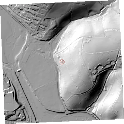 Shaded relief map of the ground around TR11SG, computed from Environment Agency LiDAR. The ground here sits at about 19 m above sea level and falls 60 m across the surrounding 800 m. Surface water reaching this point runs off ground lying to the east, 47.9 m higher.