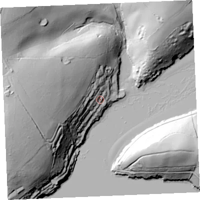 Shaded relief map of the ground around TR11SS, computed from Environment Agency LiDAR. The ground here sits at about 15 m above sea level and falls 78 m across the surrounding 800 m. Surface water reaching this point runs off ground lying to the west, 59.6 m higher.
