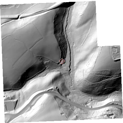 Shaded relief map of the ground around TR11TG, computed from Environment Agency LiDAR. The ground here sits at about 24 m above sea level and falls 78 m across the surrounding 800 m. Surface water reaching this point runs off ground lying to the north-west, 42.5 m higher.