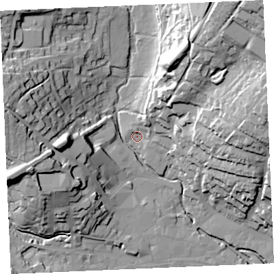 Shaded relief map of the ground around TR11UH, computed from Environment Agency LiDAR. The ground here sits at about 5 m above sea level and falls 51 m across the surrounding 800 m. Surface water reaching this point runs off ground lying to the north-east, 44.5 m higher.