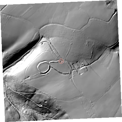 Shaded relief map of the ground around TR126DF, computed from Environment Agency LiDAR. The ground here sits at about 76 m above sea level and falls 69 m across the surrounding 800 m. Surface water reaching this point runs off ground lying to the west-south-west, 3.3 m higher.