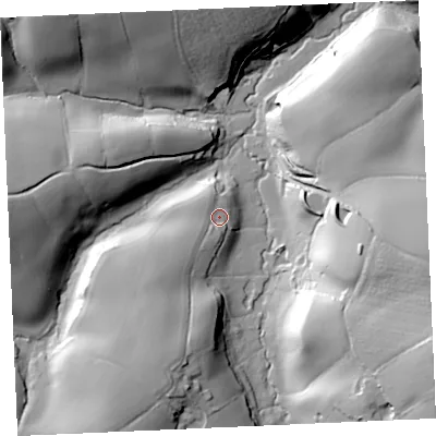 Shaded relief map of the ground around TR126DS, computed from Environment Agency LiDAR. The ground here sits at about 40 m above sea level and falls 43 m across the surrounding 800 m. Surface water reaching this point runs off ground lying to the south-south-west, 18.5 m higher.