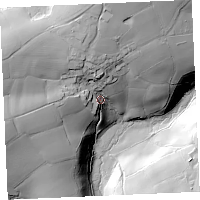 Shaded relief map of the ground around TR126HA, computed from Environment Agency LiDAR. The ground here sits at about 36 m above sea level and falls 65 m across the surrounding 800 m. Surface water reaching this point runs off ground lying to the north, 42.6 m higher.