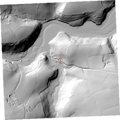 Shaded relief map of the ground around TR126HD, computed from Environment Agency LiDAR. The ground here sits at about 12 m above sea level and falls 79 m across the surrounding 800 m. Surface water reaching this point runs off ground lying to the east-north-east, 32.0 m higher.