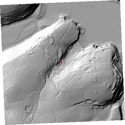 Shaded relief map of the ground around TR126HQ, computed from Environment Agency LiDAR. The ground here sits at about 20 m above sea level and falls 68 m across the surrounding 800 m. Surface water reaching this point runs off ground lying to the west-south-west, 48.9 m higher.