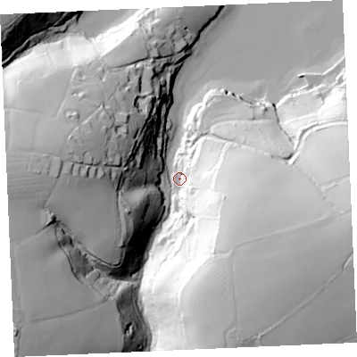 Shaded relief map of the ground around TR126JU, computed from Environment Agency LiDAR. The ground here sits at about 3 m above sea level and falls 68 m across the surrounding 800 m. Surface water reaching this point runs off ground lying to the south-west, 63.6 m higher.