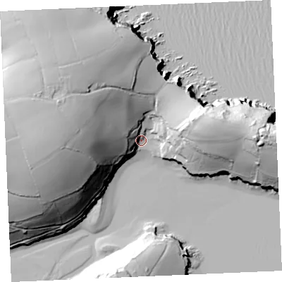 Shaded relief map of the ground around TR126JW, computed from Environment Agency LiDAR. The ground here sits at about 3 m above sea level and falls 62 m across the surrounding 800 m. Surface water reaching this point runs off ground lying to the west, 56.3 m higher.
