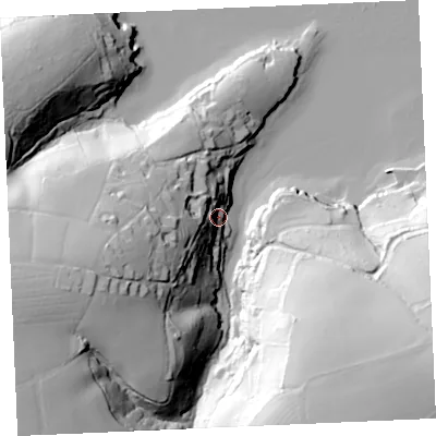 Shaded relief map of the ground around TR126JX, computed from Environment Agency LiDAR. The ground here sits at about 9 m above sea level and falls 68 m across the surrounding 800 m. Surface water reaching this point runs off ground lying to the west-south-west, 48.8 m higher.
