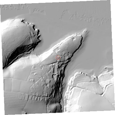 Shaded relief map of the ground around TR126JY, computed from Environment Agency LiDAR. The ground here sits at about 19 m above sea level and falls 64 m across the surrounding 800 m. Surface water reaching this point runs off ground lying to the south-west, 11.4 m higher.
