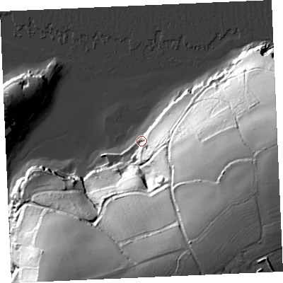 Shaded relief map of the ground around TR126LB, computed from Environment Agency LiDAR. The ground here sits at about 4 m above sea level and falls 82 m across the surrounding 800 m. Surface water reaching this point runs off ground lying to the south-east, 75.4 m higher.