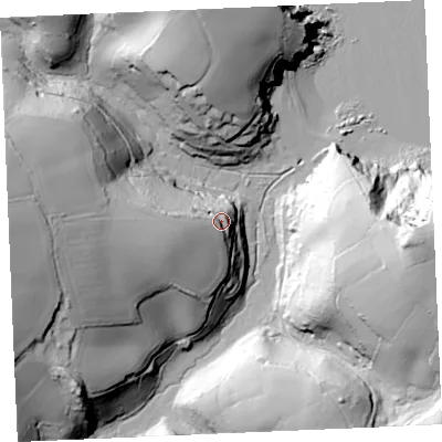 Shaded relief map of the ground around TR126PL, computed from Environment Agency LiDAR. The ground here sits at about 26 m above sea level and falls 76 m across the surrounding 800 m. Surface water reaching this point runs off ground lying to the west-south-west, 20.1 m higher.
