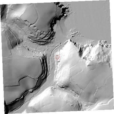 Shaded relief map of the ground around TR126PP, computed from Environment Agency LiDAR. The ground here sits at about 9 m above sea level and falls 76 m across the surrounding 800 m. Surface water reaching this point runs off ground lying to the east-south-east, 54.7 m higher.