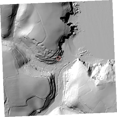 Shaded relief map of the ground around TR126PW, computed from Environment Agency LiDAR. The ground here sits at about 9 m above sea level and falls 76 m across the surrounding 800 m. Surface water reaching this point runs off ground lying to the north-west, 32.1 m higher.
