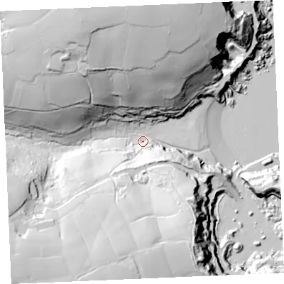 Shaded relief map of the ground around TR126QW, computed from Environment Agency LiDAR. The ground here sits at about 5 m above sea level and falls 78 m across the surrounding 800 m. Surface water reaching this point runs off ground lying to the north, 70.7 m higher.