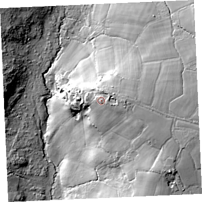 Shaded relief map of the ground around TR126SN, computed from Environment Agency LiDAR. The ground here sits at about 79 m above sea level and falls 40 m across the surrounding 800 m. Surface water reaching this point runs off ground lying to the east, 4.6 m higher.