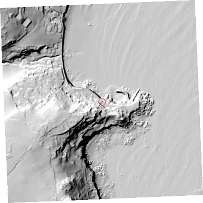 Shaded relief map of the ground around TR126SX, computed from Environment Agency LiDAR. The ground here sits at about 12 m above sea level and falls 69 m across the surrounding 800 m. Surface water reaching this point runs off ground lying to the south-west, 31.7 m higher.
