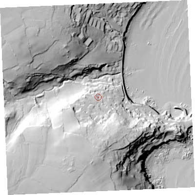 Shaded relief map of the ground around TR126TB, computed from Environment Agency LiDAR. The ground here sits at about 29 m above sea level and falls 71 m across the surrounding 800 m. Surface water reaching this point runs off ground lying to the south-south-west, 37.7 m higher.