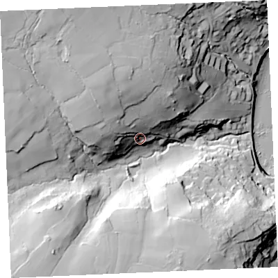 Shaded relief map of the ground around TR126TD, computed from Environment Agency LiDAR. The ground here sits at about 38 m above sea level and falls 74 m across the surrounding 800 m. Surface water reaching this point runs off ground lying to the north-west, 29.0 m higher.