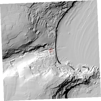 Shaded relief map of the ground around TR126TE, computed from Environment Agency LiDAR. The ground here sits at about 9 m above sea level and falls 69 m across the surrounding 800 m. Surface water reaching this point runs off ground lying to the south-west, 61.5 m higher.