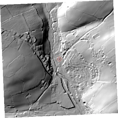 Shaded relief map of the ground around TR126TU, computed from Environment Agency LiDAR. The ground here sits at about 4 m above sea level and falls 52 m across the surrounding 800 m. Surface water reaching this point runs off ground lying to the east-north-east, 48.2 m higher.