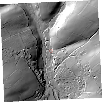 Shaded relief map of the ground around TR126TX, computed from Environment Agency LiDAR. The ground here sits at about 7 m above sea level and falls 54 m across the surrounding 800 m. Surface water reaching this point runs off ground lying to the north-east, 49.9 m higher.