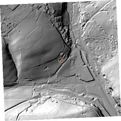 Shaded relief map of the ground around TR126UB, computed from Environment Agency LiDAR. The ground here sits at about 12 m above sea level and falls 58 m across the surrounding 800 m. Surface water reaching this point runs off ground lying to the north-west, 30.7 m higher.