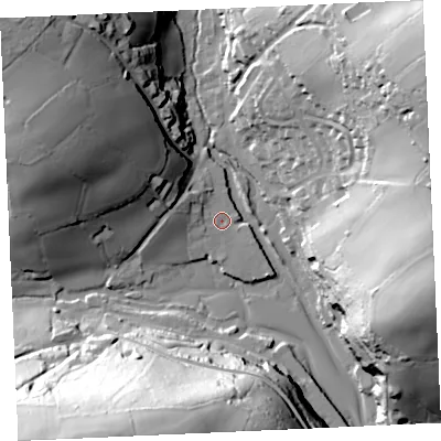 Shaded relief map of the ground around TR126UF, computed from Environment Agency LiDAR. The ground here sits at about 3 m above sea level and falls 64 m across the surrounding 800 m. Surface water reaching this point runs off ground lying to the west, 6.8 m higher.