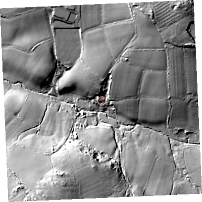 Shaded relief map of the ground around TR127DR, computed from Environment Agency LiDAR. The ground here sits at about 64 m above sea level and falls 44 m across the surrounding 800 m. Surface water reaching this point runs off ground lying to the north-east, 32.8 m higher.