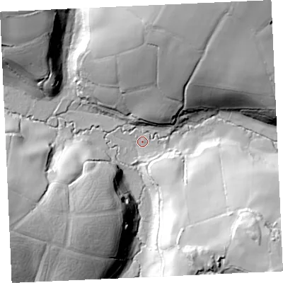 Shaded relief map of the ground around TR127DU, computed from Environment Agency LiDAR. The ground here sits at about 10 m above sea level and falls 57 m across the surrounding 800 m. Surface water reaching this point runs off ground lying to the south-east, 51.7 m higher.