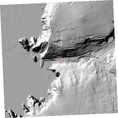 Shaded relief map of the ground around TR127ES, computed from Environment Agency LiDAR. The ground here sits at about 10 m above sea level and falls 73 m across the surrounding 800 m. Surface water reaching this point runs off ground lying to the south-east, 64.6 m higher.