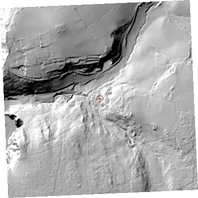 Shaded relief map of the ground around TR127EU, computed from Environment Agency LiDAR. The ground here sits at about 31 m above sea level and falls 73 m across the surrounding 800 m. Surface water reaching this point runs off ground lying to the east-south-east, 22.7 m higher.