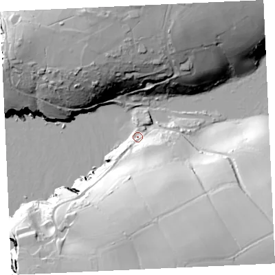 Shaded relief map of the ground around TR127JB, computed from Environment Agency LiDAR. The ground here sits at about 8 m above sea level and falls 57 m across the surrounding 800 m. Surface water reaching this point runs off ground lying to the south-south-east, 51.9 m higher.