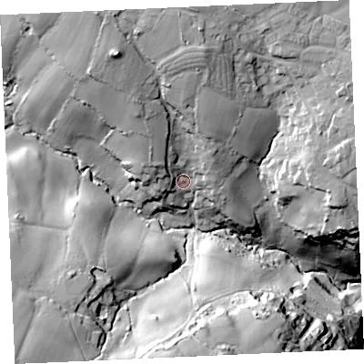 Shaded relief map of the ground around TR127JS, computed from Environment Agency LiDAR. The ground here sits at about 45 m above sea level and falls 52 m across the surrounding 800 m. Surface water reaching this point runs off ground lying to the north-north-west, 26.3 m higher.