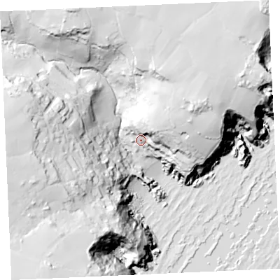 Shaded relief map of the ground around TR127JU, computed from Environment Agency LiDAR. The ground here sits at about 16 m above sea level and falls 71 m across the surrounding 800 m. Surface water reaching this point runs off ground lying to the east-north-east, 48.1 m higher.