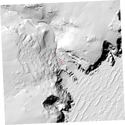 Shaded relief map of the ground around TR127JX, computed from Environment Agency LiDAR. The ground here sits at about 6 m above sea level and falls 71 m across the surrounding 800 m. Surface water reaching this point runs off ground lying to the west, 61.7 m higher.