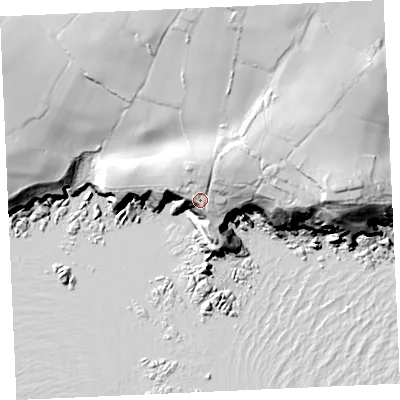 Shaded relief map of the ground around TR127NU, computed from Environment Agency LiDAR. The ground here sits at about 37 m above sea level and falls 71 m across the surrounding 800 m. Surface water reaching this point runs off ground lying to the north-east, 19.3 m higher.