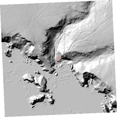Shaded relief map of the ground around TR127PJ, computed from Environment Agency LiDAR. The ground here sits at about 12 m above sea level and falls 69 m across the surrounding 800 m. Surface water reaching this point runs off ground lying to the north-east, 32.7 m higher.