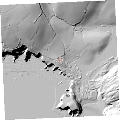 Shaded relief map of the ground around TR127QE, computed from Environment Agency LiDAR. The ground here sits at about 12 m above sea level and falls 57 m across the surrounding 800 m. Surface water reaching this point runs off ground lying to the west, 6.5 m higher.