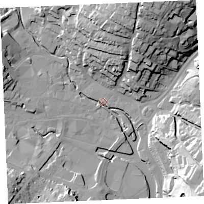Shaded relief map of the ground around TR12AA, computed from Environment Agency LiDAR. The ground here sits at about 4 m above sea level and falls 48 m across the surrounding 800 m. Surface water reaching this point runs off ground lying to the north-north-east, 40.4 m higher.