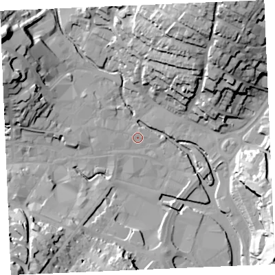 Shaded relief map of the ground around TR12AF, computed from Environment Agency LiDAR. The ground here sits at about 4 m above sea level and falls 43 m across the surrounding 800 m. Surface water reaching this point runs off ground lying to the west-north-west, 2.4 m higher.