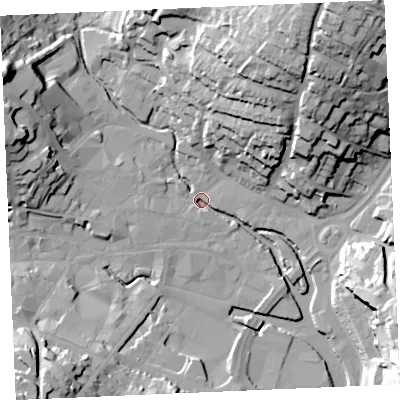 Shaded relief map of the ground around TR12AH, computed from Environment Agency LiDAR. The ground here sits at about 2 m above sea level and falls 45 m across the surrounding 800 m. Surface water reaching this point runs off ground lying to the north-north-east, 41.9 m higher.