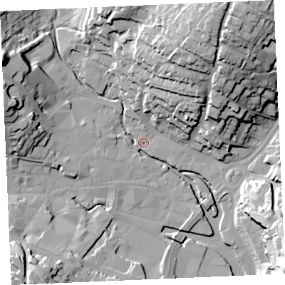 Shaded relief map of the ground around TR12AQ, computed from Environment Agency LiDAR. The ground here sits at about 3 m above sea level and falls 46 m across the surrounding 800 m. Surface water reaching this point runs off ground lying to the north-north-east, 42.5 m higher.