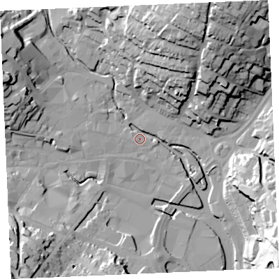 Shaded relief map of the ground around TR12BE, computed from Environment Agency LiDAR. The ground here sits at about 4 m above sea level and falls 43 m across the surrounding 800 m. Surface water reaching this point runs off ground lying to the north-north-east, 40.3 m higher.